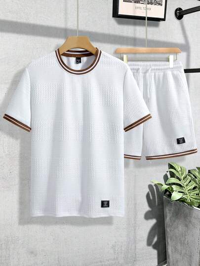 Manfinity Homme Men's Casual Striped Trim Short Sleeve T-Shirt And Shorts Set, Summer