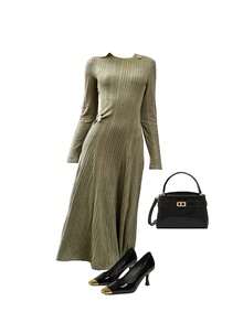 Pariaura Women's Solid Color Metal Decor Round Neck Long Sleeve Ribbed Casual Dress, Autumn - Army Green - View 3