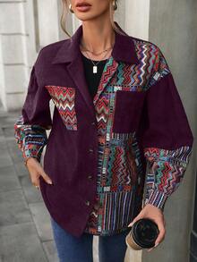 SHEIN LUNE Women's Casual Loose Contrast Color Corduroy Regular Jacket - Burgundy - View 4