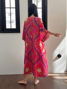 DAZY Floral Print V-Neck Loose Women Nightgown, Moo Moo Night Dress - Red - View 2