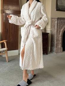 DAZY Women's Minimalist Textured Fleece Belted Long Lounge Robe, Autumn/Winter, Fluffy Cozy