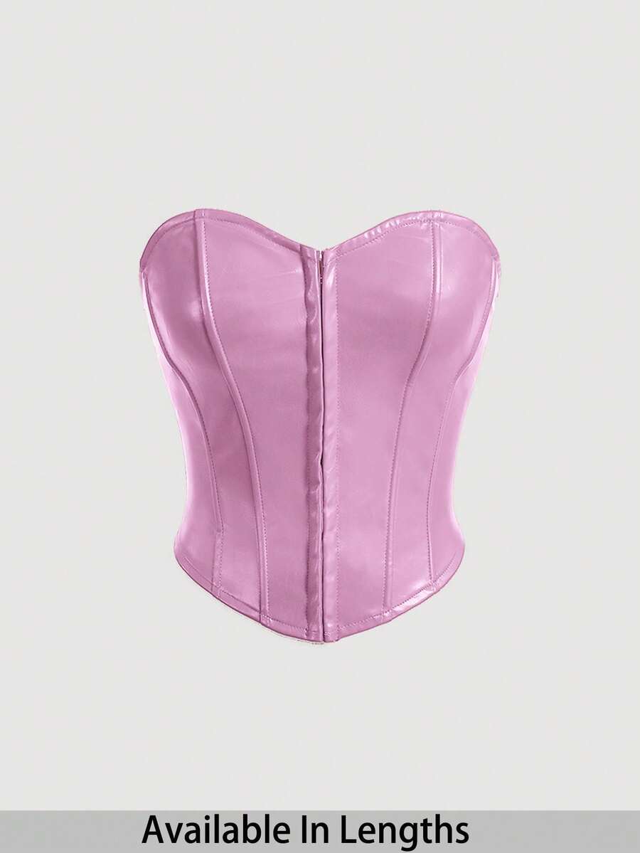 SHEIN Tall CURVE 加大码纯色前中心纽扣装饰 PU 皮革黑色抹胸