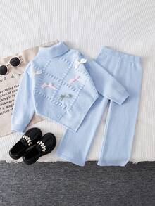 SHEIN Vintaside Kids 2件組少女淺藍色冬季仙女風休閒針織毛衣與寬腿褲套裝，可愛花朵與蝴蝶結裝飾柔軟兩件式針織套裝 - 藍色 - 查看 9