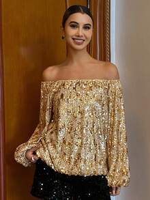 Livesso 女士长袖衬衫 女士亮片露肩上衣 新年女士嘉年华上衣 - 金色 - 查看 1