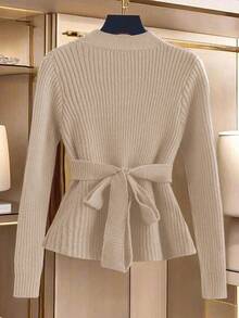 GlowEve New Fashionable Mixed Color Chic Versatile Knitted Sweater Top - Khaki - View 2