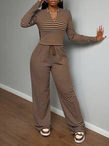 Slaydiva 女士休闲通勤撞色条纹印花半拉链长袖T恤和抽绳阔腿裤两件套，春秋季 - 棕色 - 查看 8