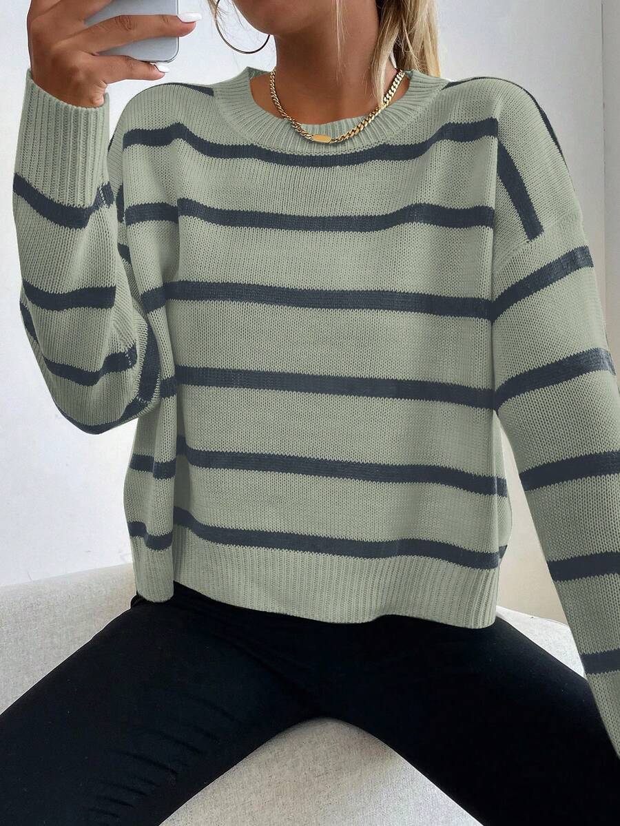 SHEIN LUNE 休闲圆领黑白条纹套头毛衣，学院风 - 綠色 - 查看 1