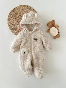 Newborn Baby Boy/Girl Cute Cartoon Pattern Hooded Jumpsuit, Autumn/Winter - Apricot - View 1