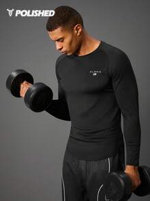 Acti Log Áo thun thể thao tay lỡ họa tiết chữ Boyfriend Style dành cho nam, áo thun tập luyện tay lỡ, áo thun ôm vừa vặn, thoáng khí, cổ tròn, mùa thu - màu đen - Xem 5