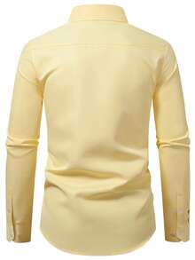 Mens Long Sleeve Formal Business Commuting Shirt Yellow Fabric Button Front Regular Fit - Yellow - View 2