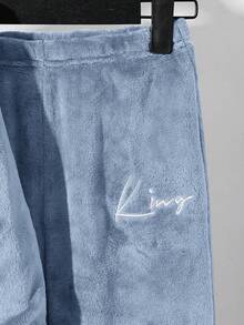 SHEIN 2pcs Kids/Tween Boys Casual Everyday Comfortable Embroidered Flannel Crew Neck Long Sleeve Top And Loose Fit Drawstring Pants Sleepwear Set