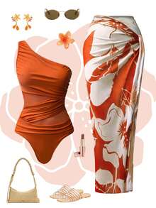 Swim Oasis Bộ 2 món đồ bơi liền thân màu trơn nhún bèo kèm sarong in họa tiết cho nữ - trái cam - Xem 1