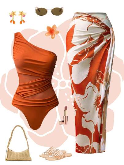 Swim Oasis Set de 2 monokinis de un solo color con pliegues y pareo estampado para mujer