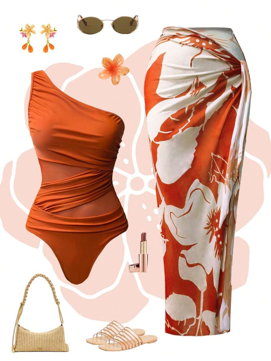 Swim Oasis Bộ 2 món đồ bơi liền thân màu trơn nhún bèo kèm sarong in họa tiết cho nữ - trái cam - Xem 1