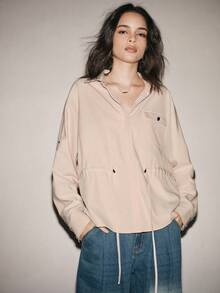 Lumivelle Women's Casual Urban Commuter Long Sleeve Shirt With Front Pocket, Adjustable Cinched Waist, Button Closure - Apricot - View 4