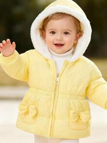SHEIN Playful Pals 女婴休闲束腰蝴蝶结口袋泰迪绒内衬轻薄长袖拉链连帽绗缝外套，冬季连帽女婴外套，冬季女婴服装，女婴拉链连帽外套，女婴外套，幼儿抓绒外套 - 黃色 - 查看 3
