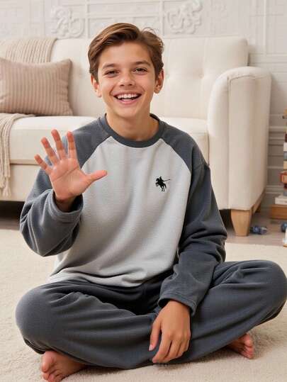 2件套青少年男童休闲加绒抓绒插肩袖撞色卫衣和长裤家居服套装，秋冬款