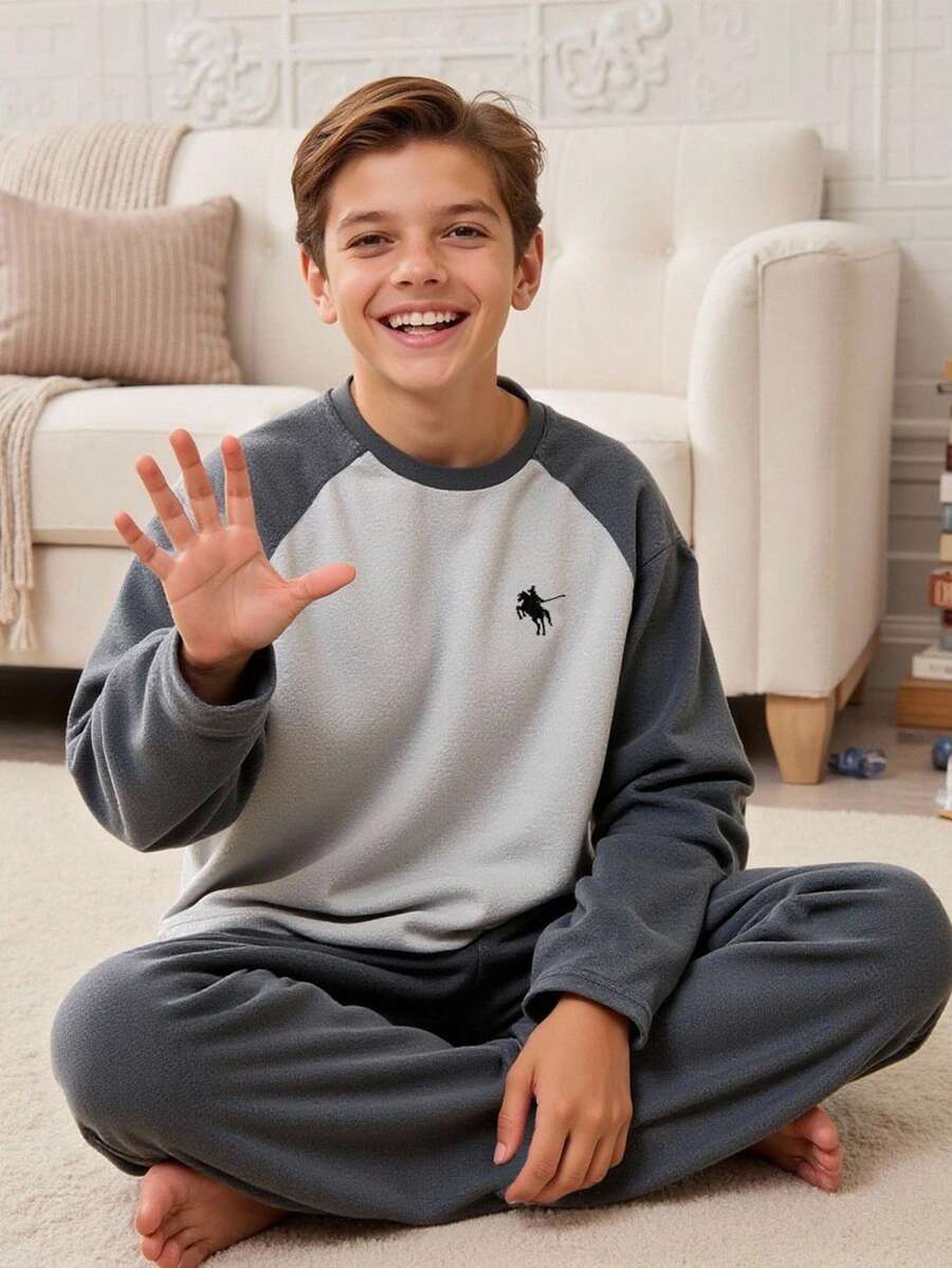 2件套青少年男童休闲加绒抓绒插肩袖撞色卫衣和长裤家居服套装，秋冬款