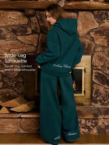 GLOWMODE Very Merry Heavyweight Fleece Soft Plush Wide Leg Embroidered Drawstring Sweatpants Holiday Christmas Autumn Winter Outdoors Daily Casual Wear - Dunkelgrün - Übersicht 2