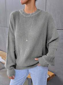 EURMUSE Solid Color Crew Neck Casual Versatile Pullover Sweater, Autumn/Winter - Grey - View 5