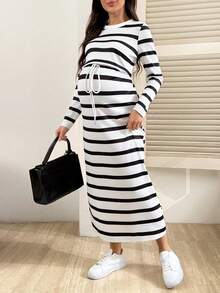 SHEIN 孕妇圆领宽松条纹休闲连衣裙 - 黑與白 - 查看 6