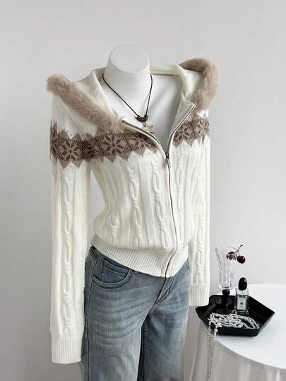 Elamini 女士时尚保暖连帽开衫，饰有毛绒滚边和费尔岛图案，秋冬季