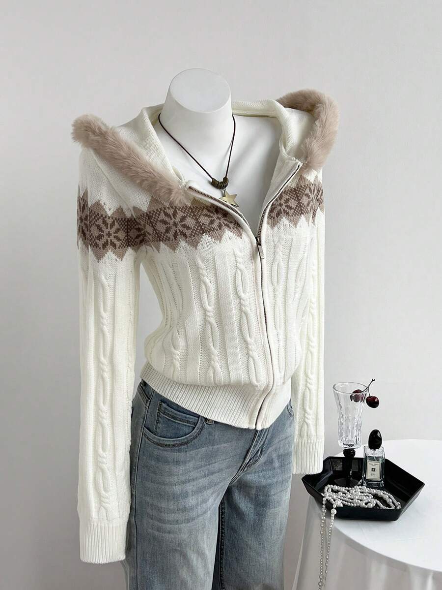 Elamini Áo khoác cardigan trùm đầu ấm áp thời trang dành cho nữ có viền lông và họa tiết Fair Isle, thu/đông - Nhiều màu - Xem 1