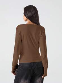 LYSMO 女士时尚性感纯色裹身深V领上衣 - 棕色 - 查看 2