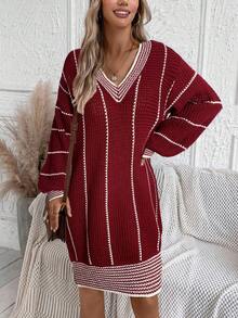 SHEIN LUNE 秋冬季条纹图案落肩毛衣连衣裙 - 酒紅色 - 查看 5
