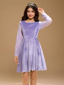 Teen Girl Long Sleeve Round Neck A-Line Christmas Elegant Party Dress - Purple - View 4
