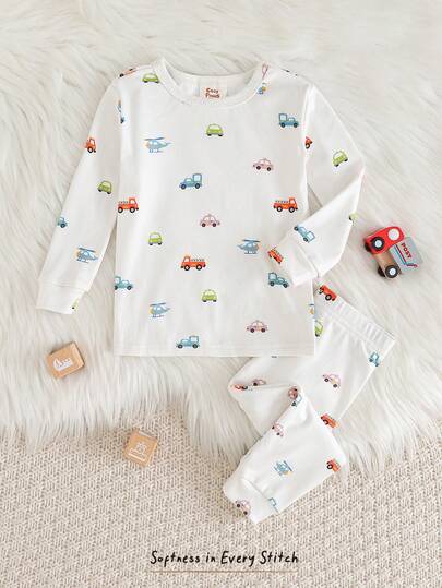 Cozy Pixies Baby Boy Snug Fit Pajama Set, Cartoon Car Print Soft Knit Crew Neck Long Sleeve Top And Elastic Waist Long Pants Toddler Boys Pajama Set Baby Boys Long Pants Baby Boy Car Print Clothes Boys Long Sleeve Car Print Top