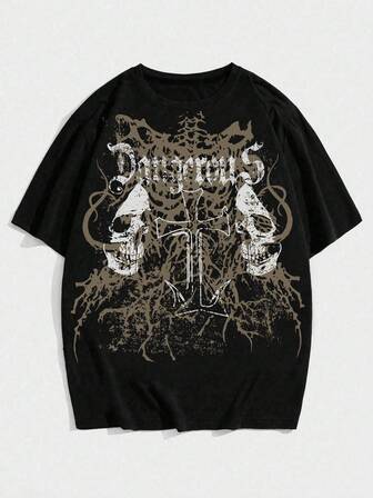 Grunge Punk Camiseta de manga corta casual para hombres con estampado de calavera y cruz