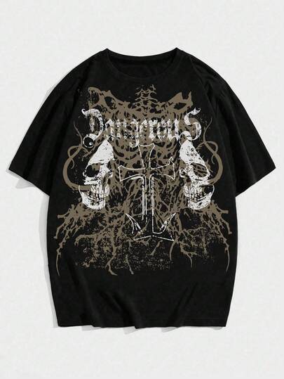 Grunge Punk Men's Casual Skull & Cross Print Short Sleeve T-Shirt