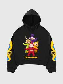 ROMWE MEN Teletubbies X ROMWE Sudadera con capucha holgada con gráfico de dibujos animados para hombres - Negro - Ver 1