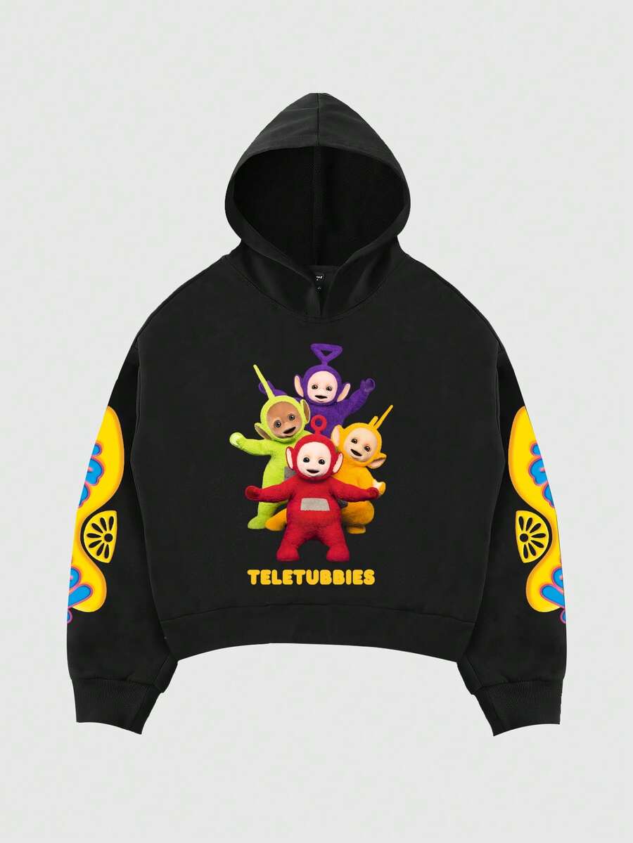 ROMWE MEN Teletubbies X ROMWE Sudadera con capucha holgada con gráfico de dibujos animados para hombres - Negro - Ver 1