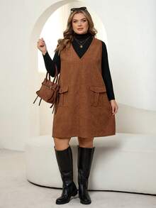 SHEIN CURVE+ Vestido casual sin mangas con cuello en V y bolsillos utilitarios de unicolor para mujer de talla grande