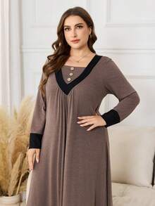 Lacomfia Váy chữ A dáng rộng màu khối cỡ lớn có nút trang trí - Nhiều màu - Xem 3