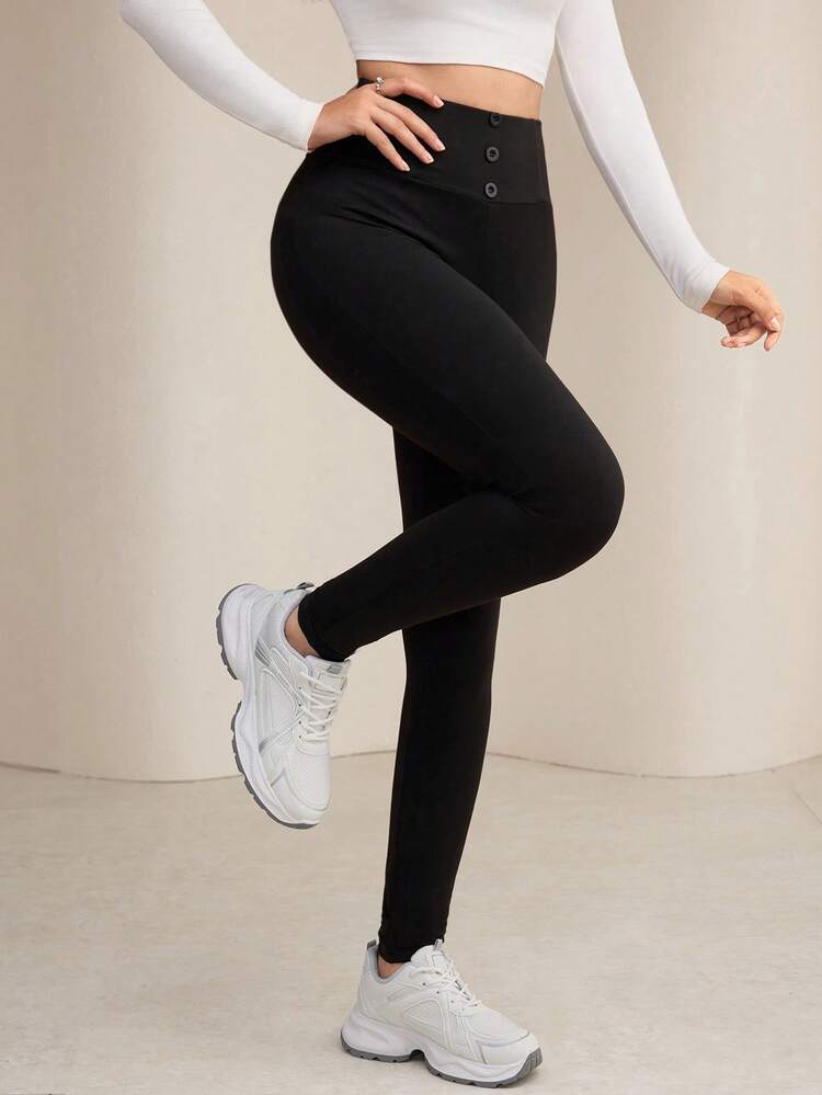Modelyn Leggings de cintura alta de unicolor cómodos y casuales para mujer - Negro - Añade 4