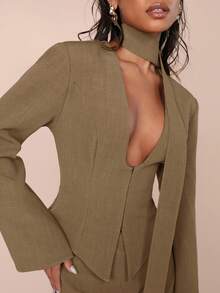 COSMINA Women's Solid Color Long Sleeve Front Button Jacket And Midi Skirt 2-Piece Set,  Blazer Skirt Set,  Front Tie Dress,  Suit Dress - Brown - View 8