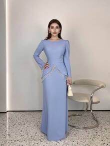 SHEIN Elenzya 优雅浪漫修身腰部珍珠流苏装饰圆领长袖 A 字裙，适合派对和正式场合 - 淺藍色 - 查看 5