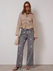 COSMINA Denim Women's Fashion Rhinestone Frayed Pocket Denim Jeans - Grey - View 5