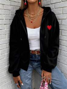 Franclia 女式秋季连帽运动衫，采用红心刺绣设计，适合外套、返校、冬季上衣、摄影、度假和旅行服装，时尚必备 - 黑色 - 查看 5