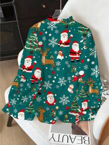SHEIN Clasi Áo cánh tay bồng nhún bèo họa tiết cây thông Noel, người bánh gừng, kẹo gậy, ông già Noel, thời trang giản dị, phong cách Pháp cổ điển thanh lịch - Màu xanh lá cây đậm - Xem 2