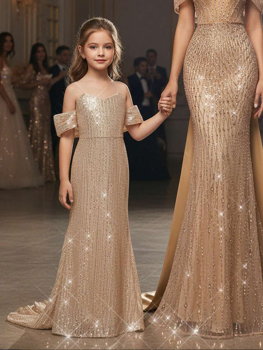 Young Girl Elegant Sequins Embellished Off Shoulder Mermaid Hem Dress - Gold - View 1