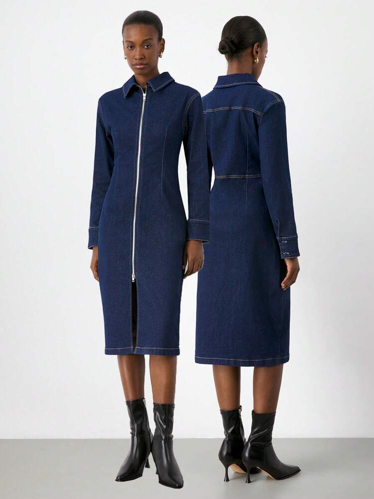 SHEIN Maija Women's Dark Blue Denim Long-Sleeved Shirt Dress Fitted Slim Maxi Dress Thanksgiving Outfit Waist Dress