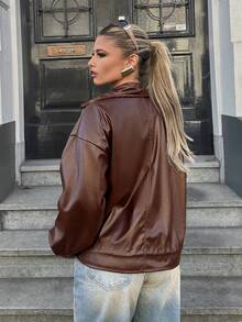 EURMUSE RueChic PU Leather Stylish Hidden-Fly Detailed Women's Jacket - Chocolate Brown - View 2