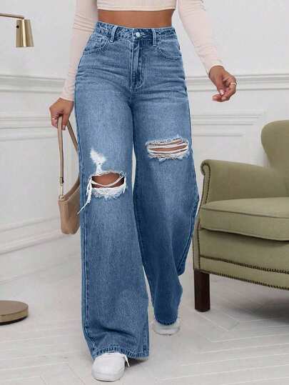 EURMUSE Blugi albaștri spălați din denim, cu talie înaltă, rupți și croială largă