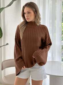 EURMUSE Women High Neck Flare Sleeve Rib Knit Comfy Sweater Pullover - Brown - View 5