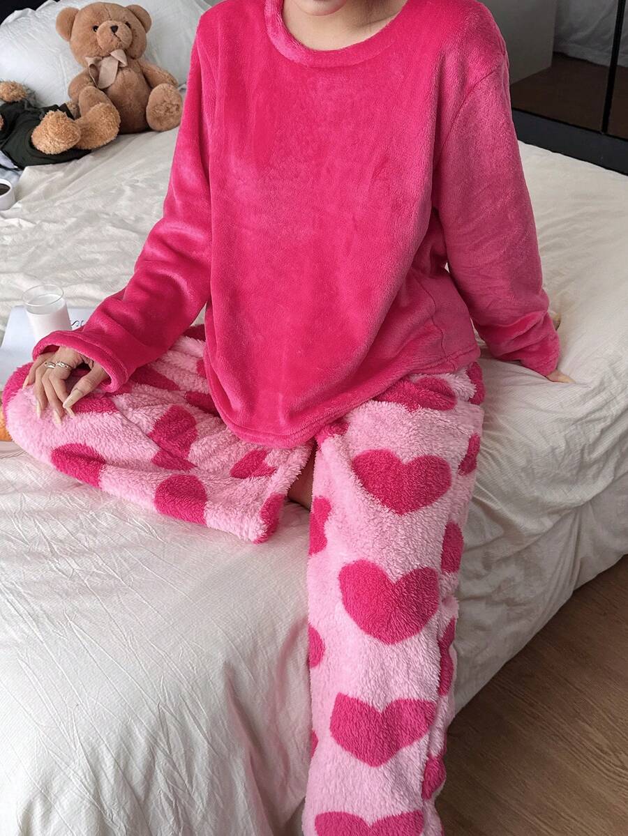 SHEIN Women's Cozy Solid Color Top & Heart Pattern Pants Pajama Set, Autumn/Winter Heart-Shaped Pajama Set , Fluffy - Multicolor - View 1