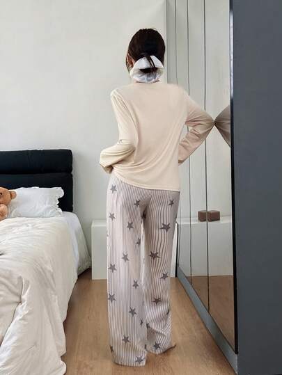 Dream Adore Fresh Round Neck Long Sleeve Star Gestreepte Straight Leg Pajama Set Women Korean Pyjama Fall Clothes view 2